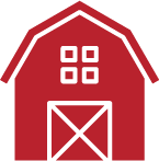 A red barn with a white roof and a white door on a white background.