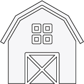 A black and white drawing of a barn with squares on the windows.
