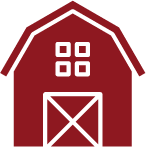 A red barn with a white door and windows on a white background.