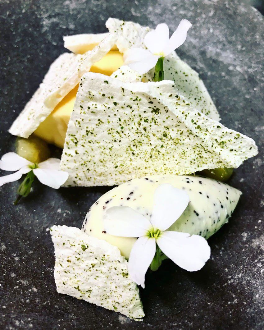 Dessert with ice cream and flower decorations