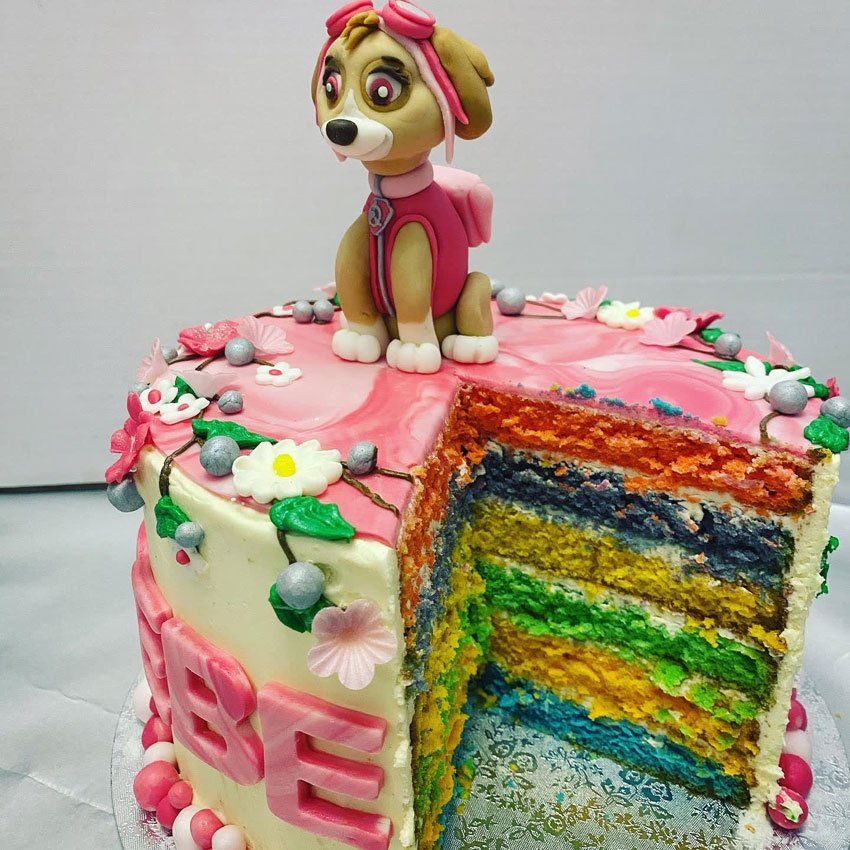 Children's birthday cake with rainbow layers inside, pink and white icing and a dog model sitting on the top