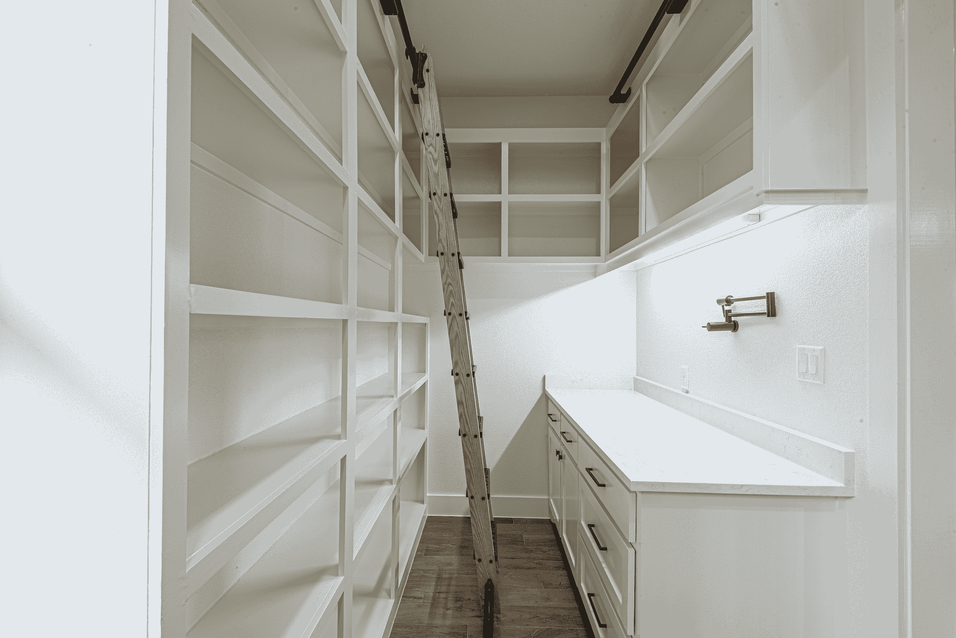 A pantry with a ladder leading up to the ceiling and shelves.