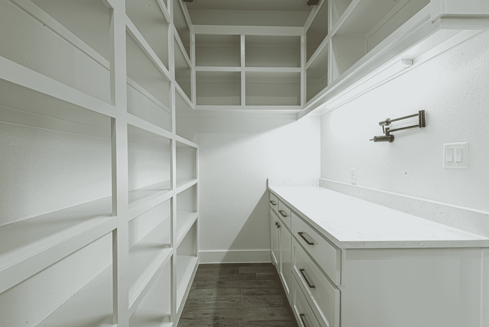 A black and white photo of a pantry with lots of shelves and drawers.