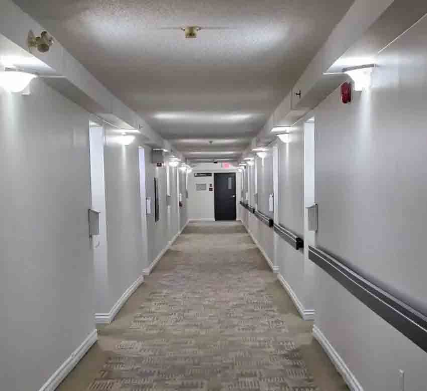 Couloir d'appartement calme avec murs blancs, moquette au sol et portes bordant les deux côtés