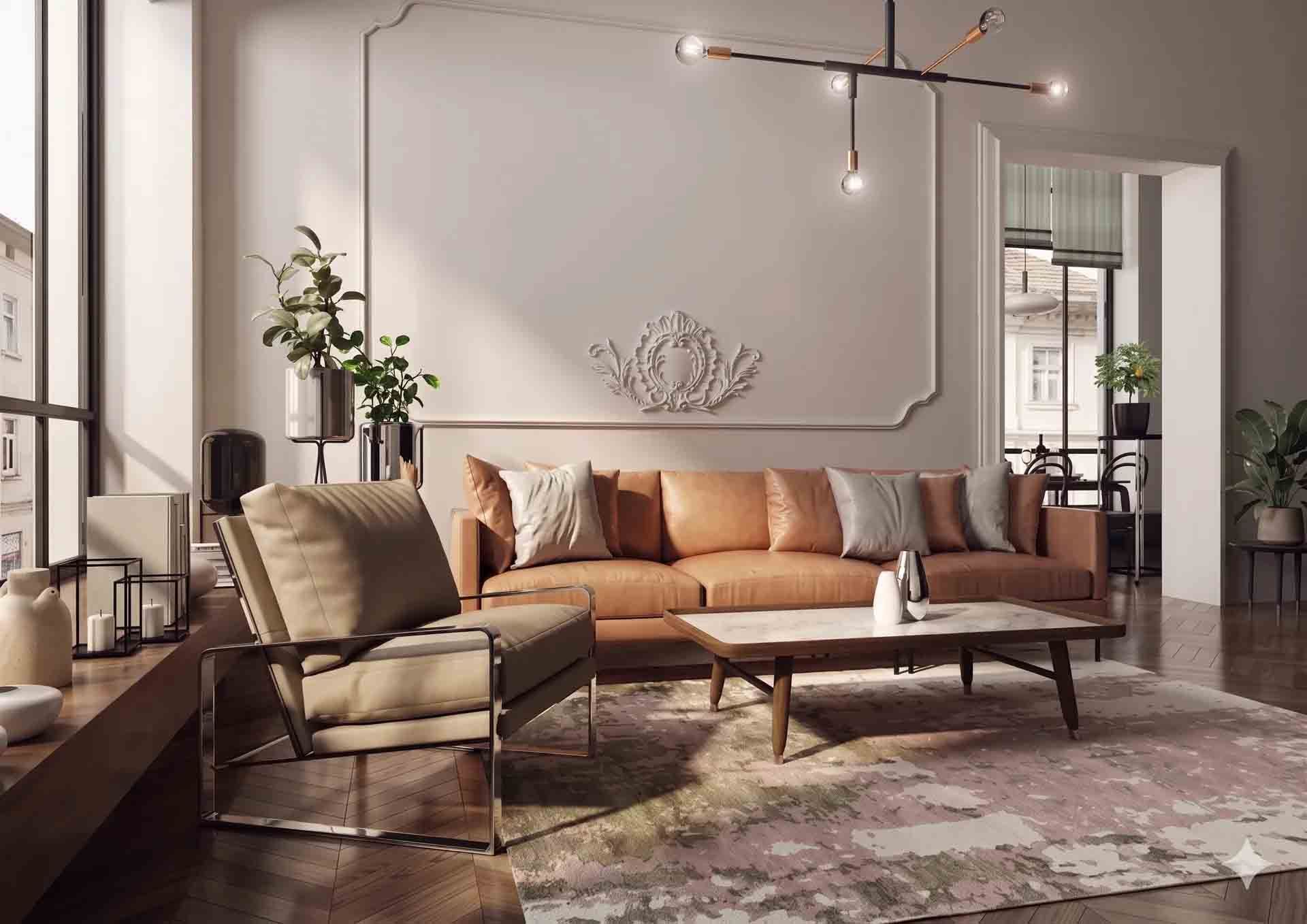 Salon moderne avec canapé beige clair, fauteuil beige, table basse et grand miroir sous suspension lumineuse.