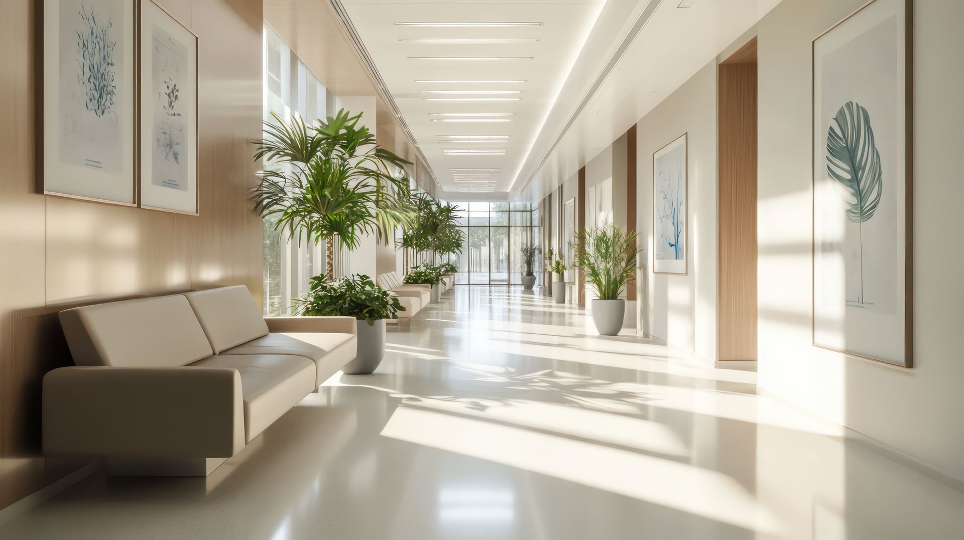 Couloir d'hôpital moderne et lumineux avec sièges beiges, plantes et tableaux encadrés
