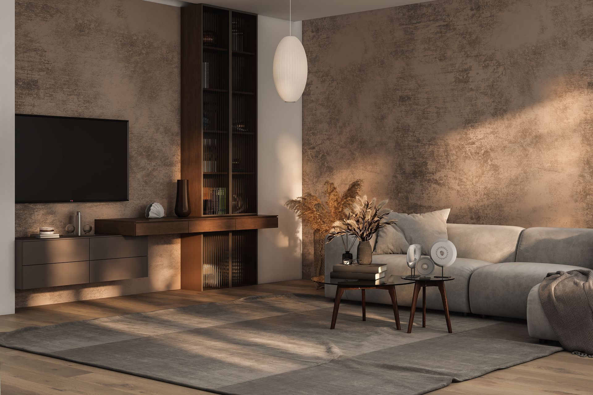 Salon moderne avec canapé d'angle gris, télévision, éclairage chaleureux, meubles en bois et murs beiges texturés.