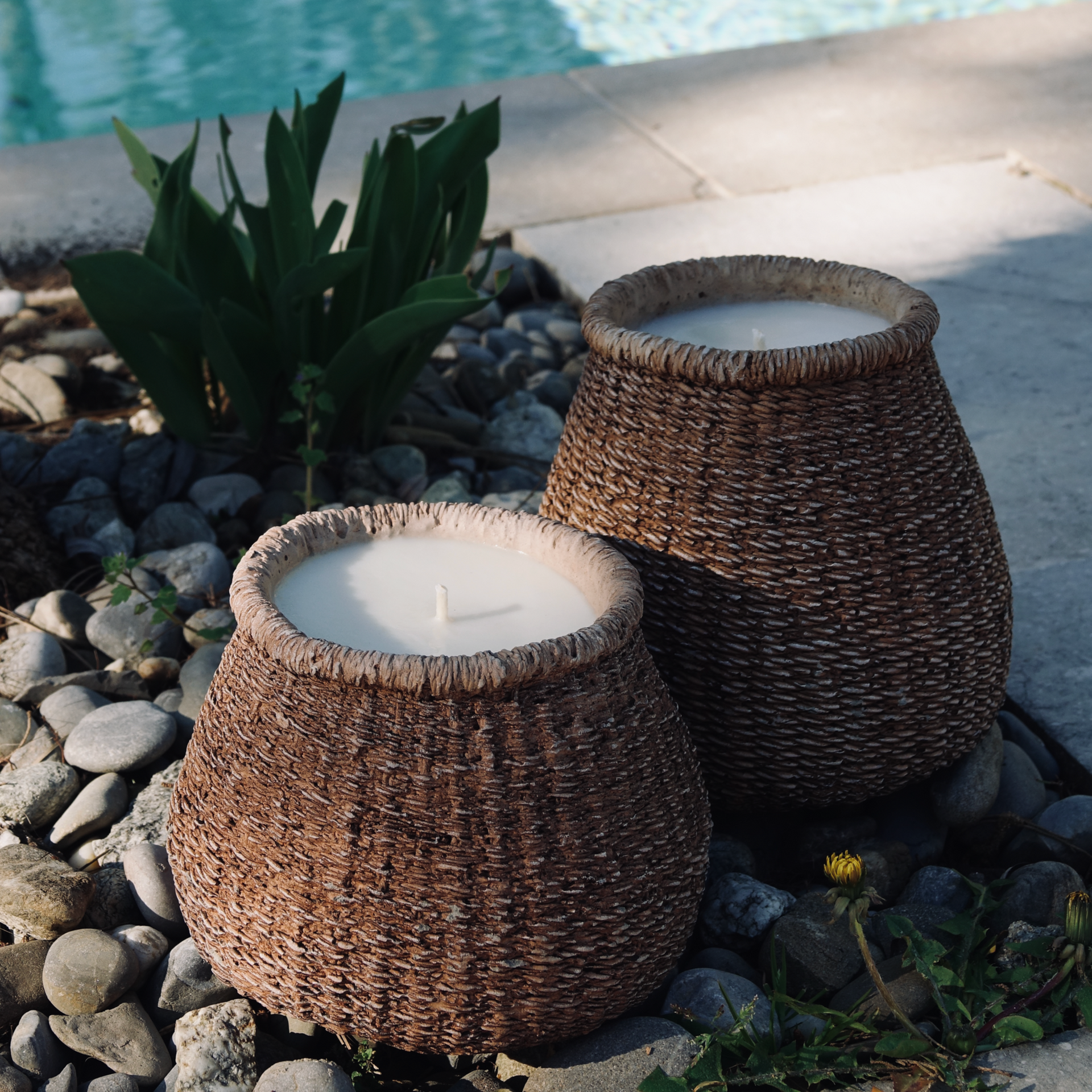 Bougie pot béton effet tressé L
