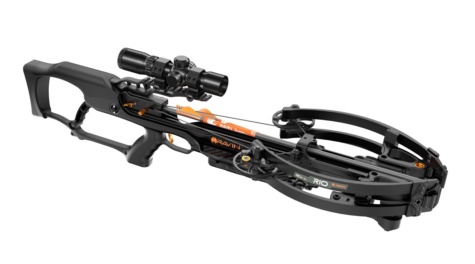 Black crossbow with mounted scope, string, and limbs, against a white background.