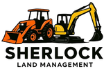 Sherlock Land Management logo with orange tractor, yellow excavator, and bold black text