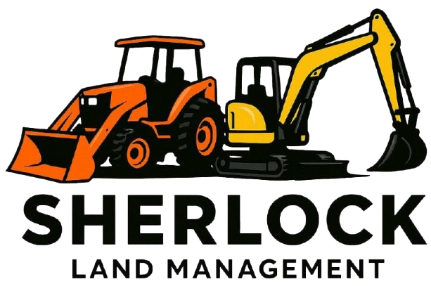 Sherlock Land Management logo with orange tractor, yellow excavator, and bold black text