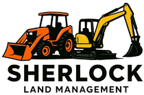 Sherlock Land Management logo with orange tractor, yellow excavator, and bold black text