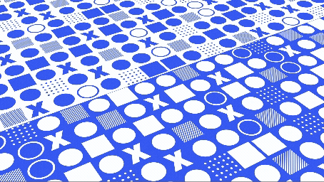 Blue and white abstract geometric pattern of circles, dots, and striped shapes in a tiled design