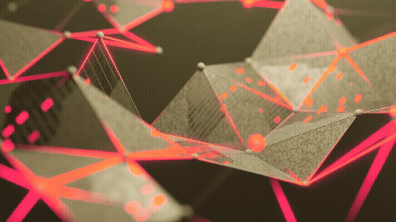 Abstract geometric pattern with glowing red lines and gray triangular meshes on a dark background
