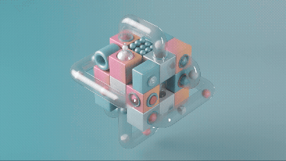 Abstract pastel 3D geometric cube with pink and blue blocks and floating spheres on a teal background