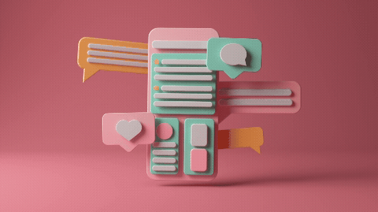 Pastel 3D social media chat icons and message bubbles on a pink background