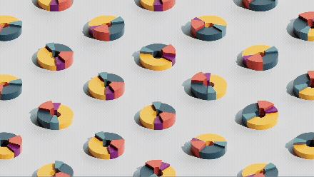 Colorful pie charts scattered on a light background, showing assorted chart segments in red, yellow, blue, and black.
