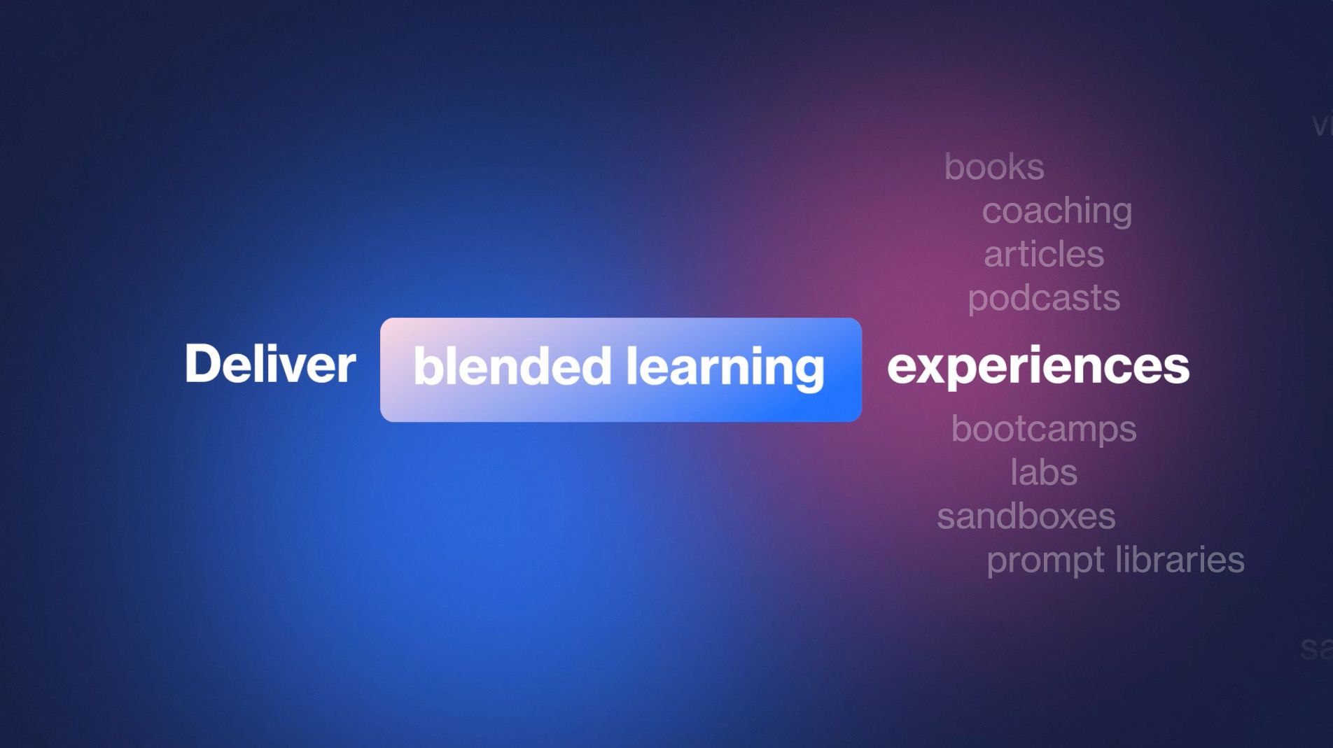 Deliver blended learning experiences on a blue-purple gradient background. Deliver blended learning experiences on a blue-purple gradient background.