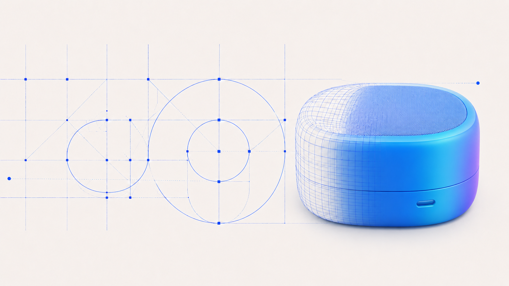 Blue futuristic speaker with glowing top on a white background, with faint wireframe diagram shapes behind it Blue futuristic speaker with glowing top on a white background, with faint wireframe diagram shapes behind it