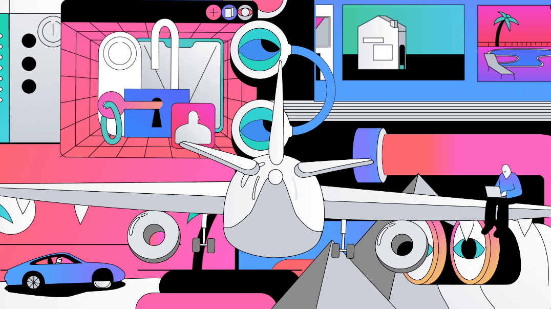 A colorful illustration of a machine with a car in the background.