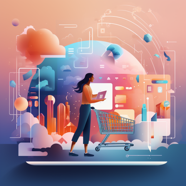 An illustration of a woman holding a tablet and a shopping cart.