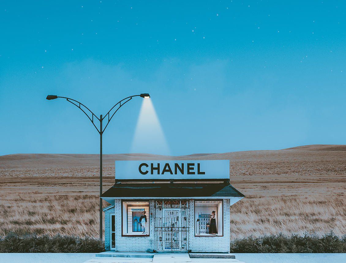 wide shot of a chanel store in the middle of nowhere wide shot of a chanel store in the middle of nowhere
