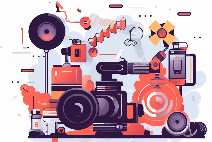 A cartoon illustration of a camera surrounded by other cameras.
