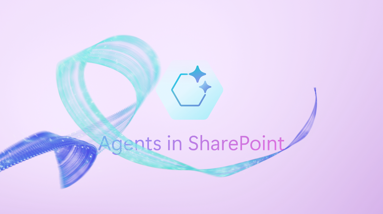 Agents in SharePoint logo with sparkling accent on a purple and teal ribbon background.