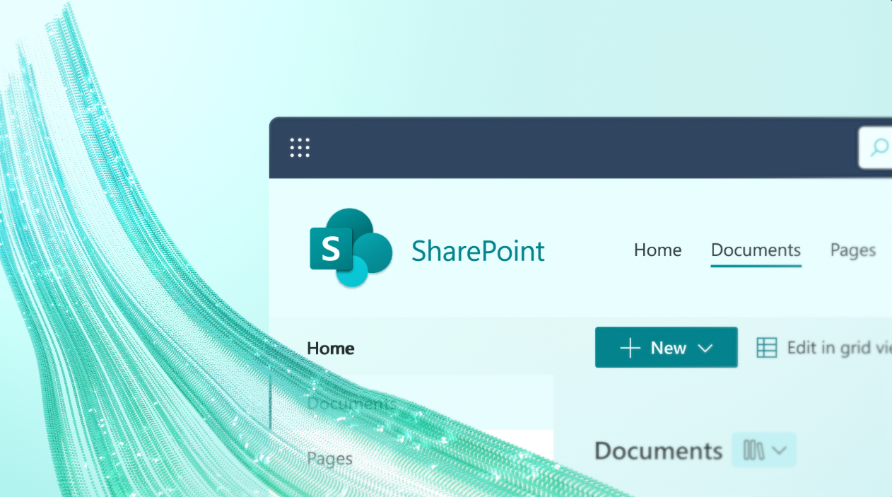 SharePoint interface with logo, navigation, and 'New' button, set against a teal and white background.