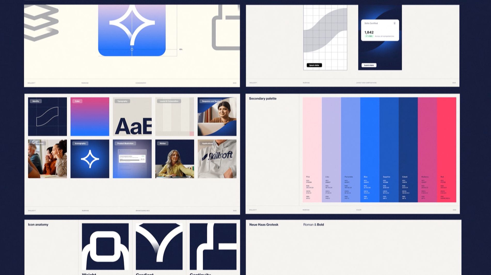 Skillsoft brand style guide collage with logos, typography, photos, and blue-pink color palette snippets Skillsoft brand style guide collage with logos, typography, photos, and blue-pink color palette snippets