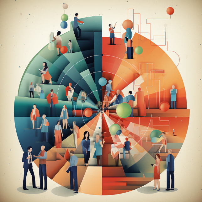 Illustrated image of the science of segmentation Diagram of people within a colorful, circular chart; likely representing data or relationships.