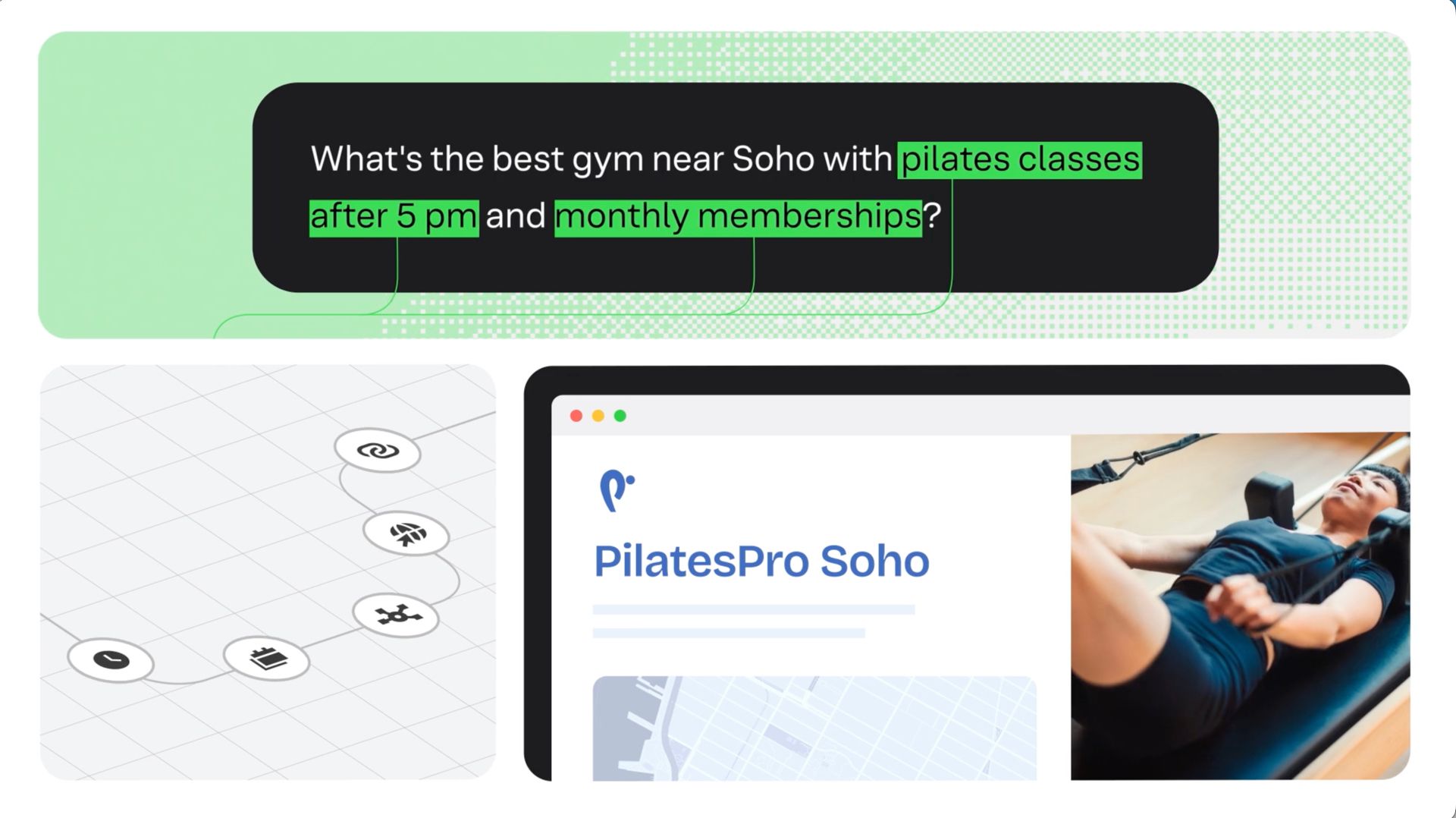 Black banner with text asking about Pilates prices, plus a PilatesPro Soho website and class photo thumbnail, from the Yext Be the Answer brand film. Black banner with text asking about Pilates prices, plus a PilatesPro Soho website and class photo thumbnail, from the Yext Be the Answer brand film.
