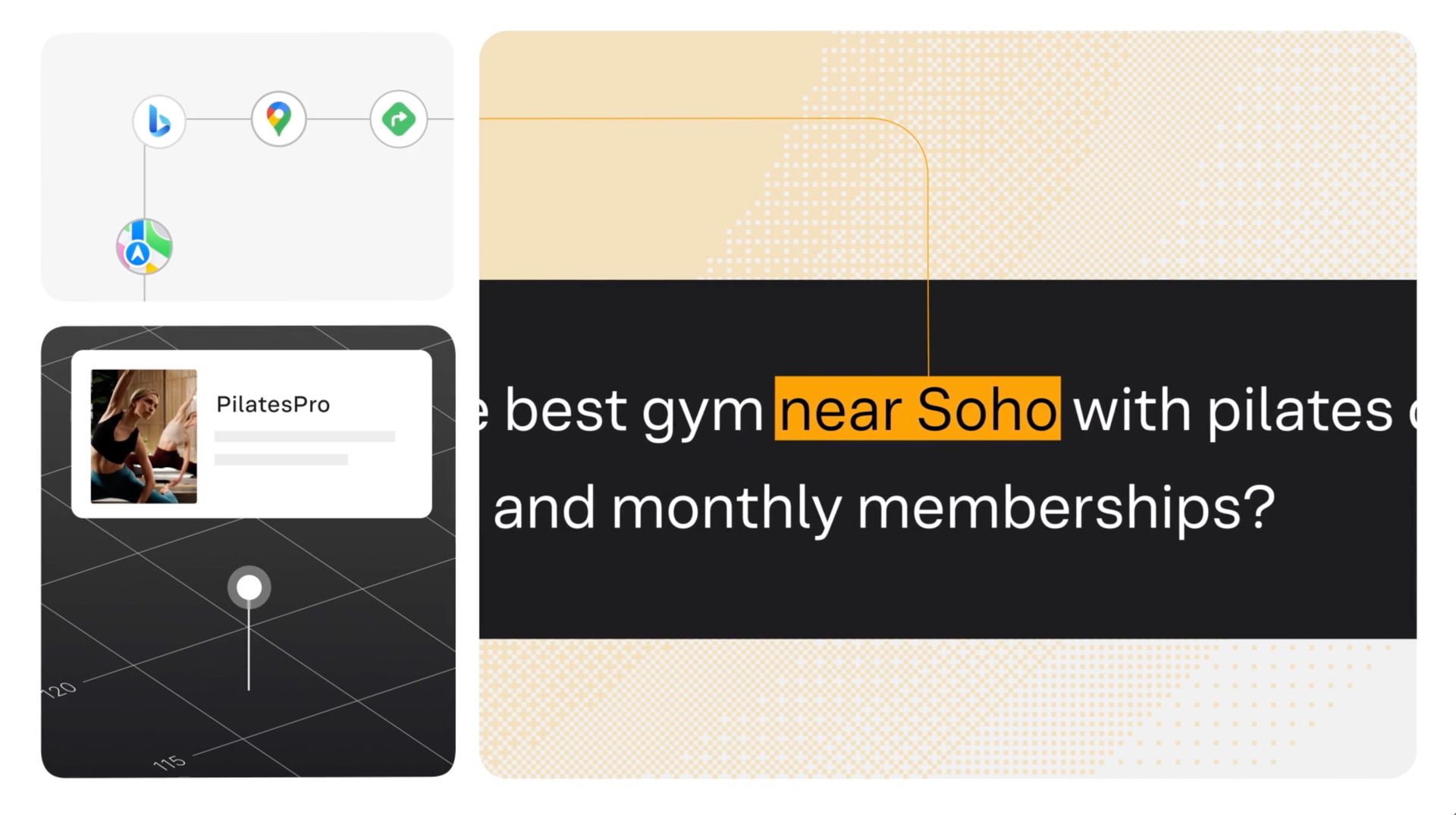 Two-panel mobile UI showing a gym search and a highlighted result near SoHo for Pilates and monthly memberships, from the Yext Be the Answer brand film.