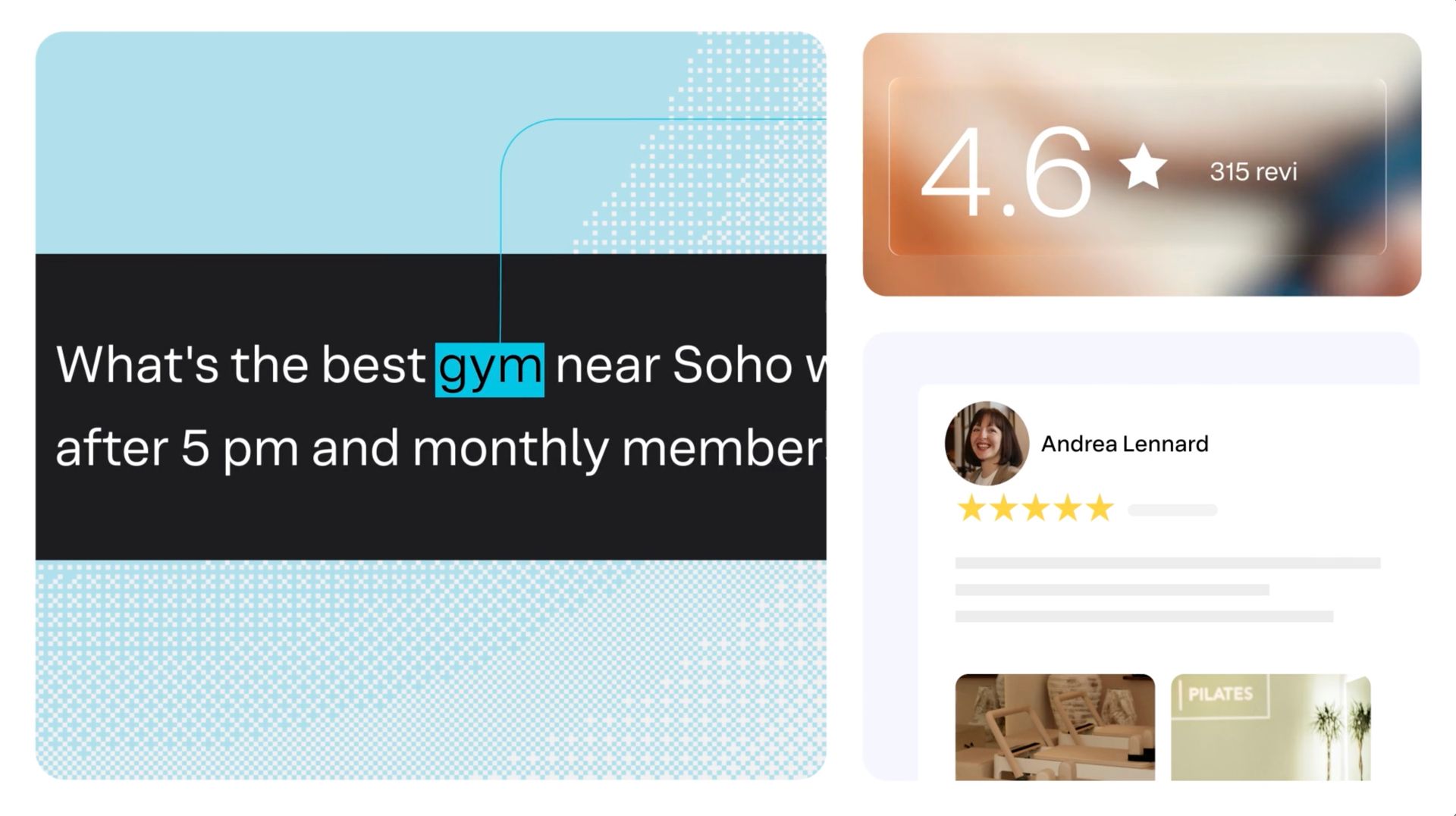 Search result card with blue text about a nearby gym and a 4.6-star review panel on the right, from the Yext Be the Answer brand film.