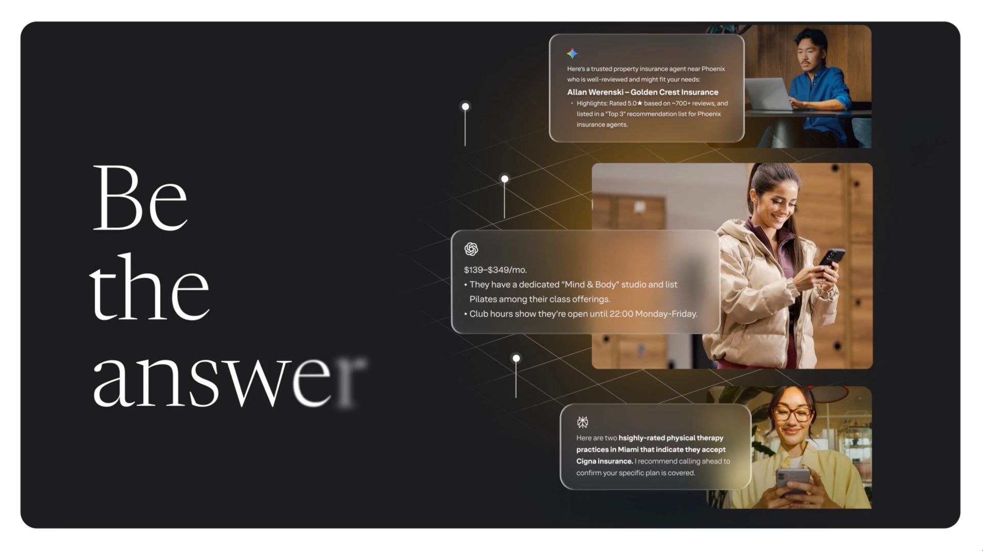 Dark promotional banner reading “Be the answer” with three small photos and text callouts on the right, from the Yext Be the Answer brand film. Dark promotional banner reading “Be the answer” with three small photos and text callouts on the right, from the Yext Be the Answer brand film.