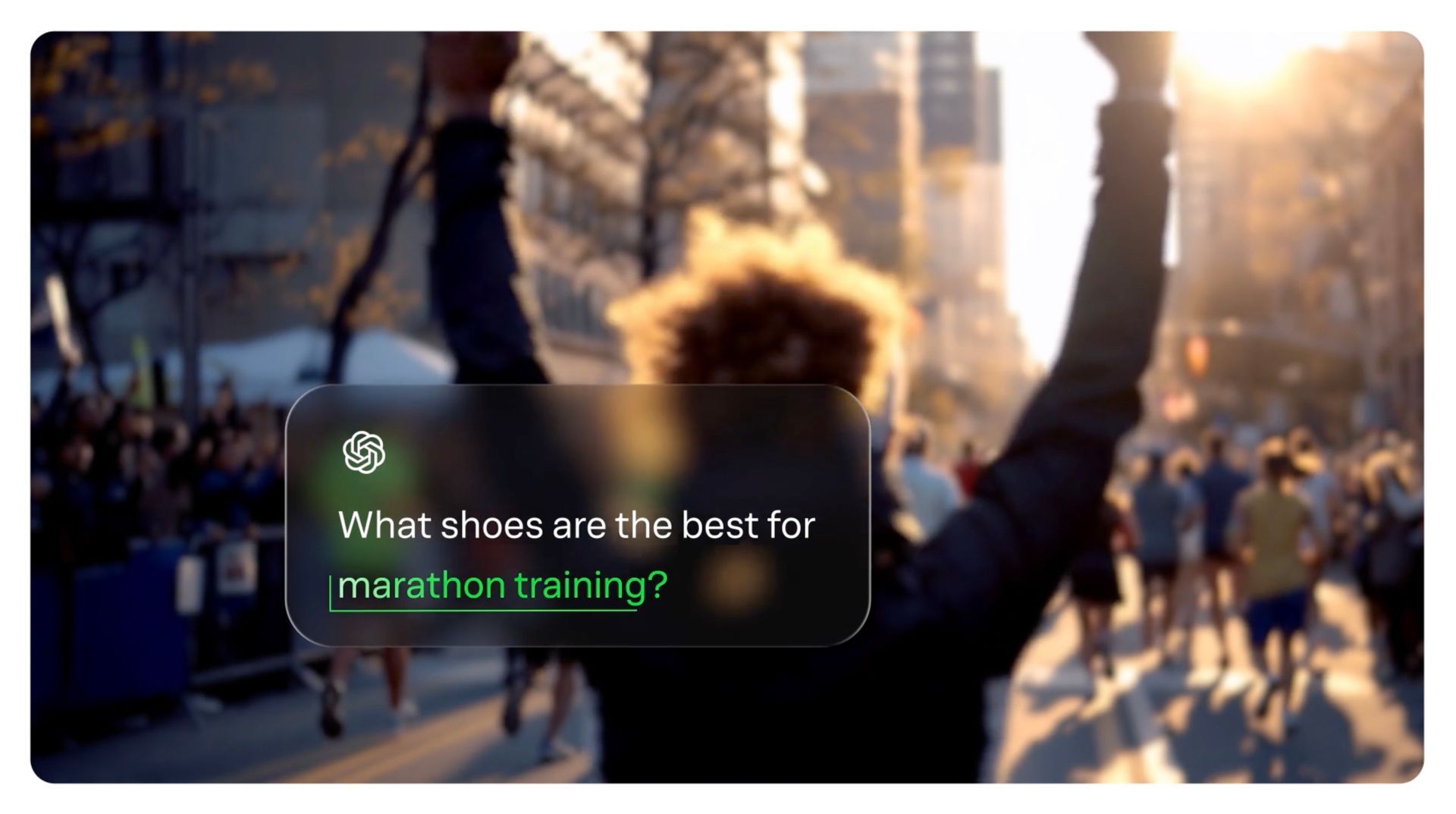 People jogging in a sunlit city park, with a dark overlay showing marathon training shoes text, from the Yext Be the Answer brand film.