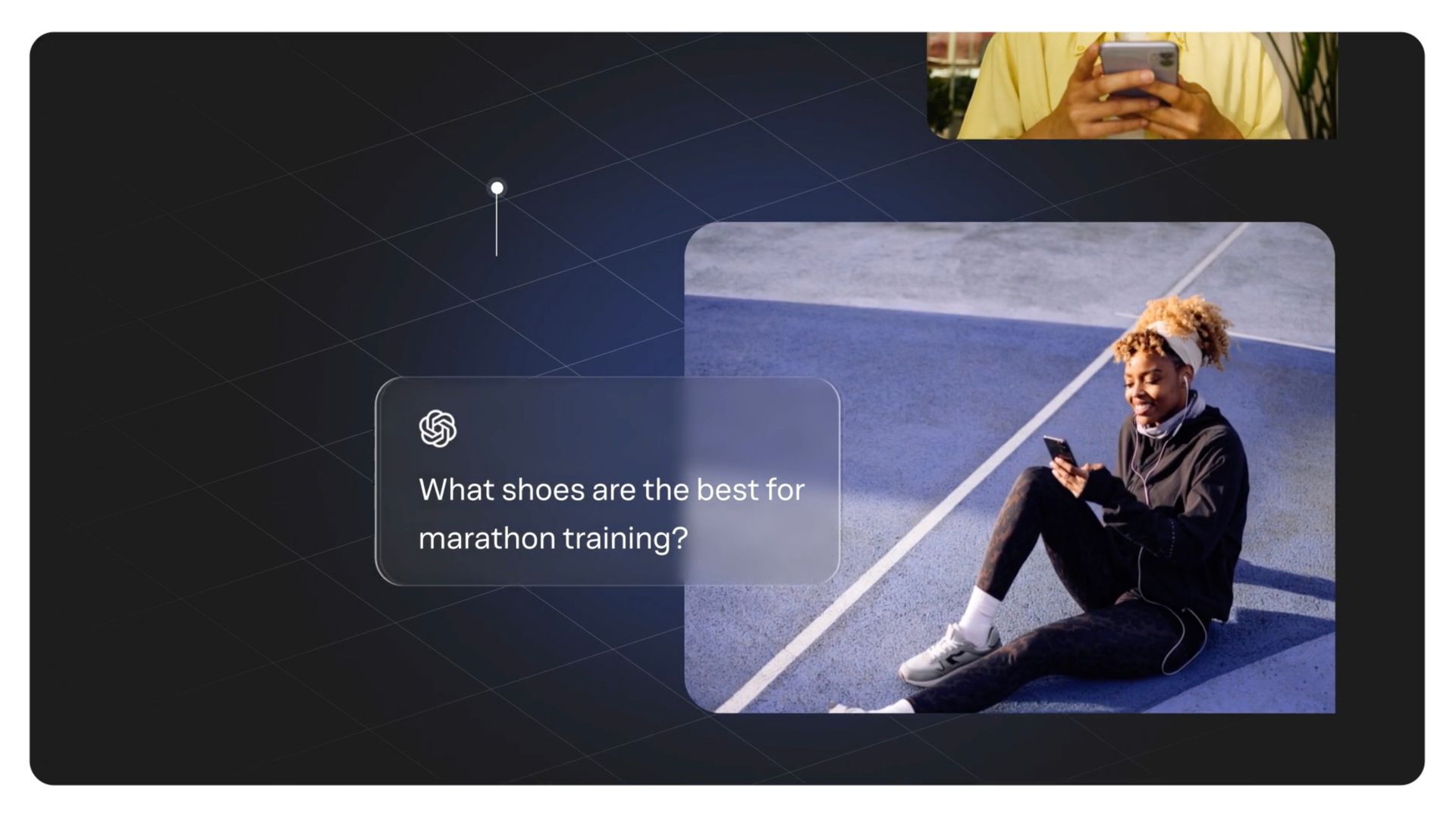 Presentation slide with a seated speaker on stage and text asking, “What actions are you taking to create opportunities? Presentation slide with a seated speaker on stage and text asking, “What actions are you taking to create opportunities?”, from the Yext Be the Answer brand film.