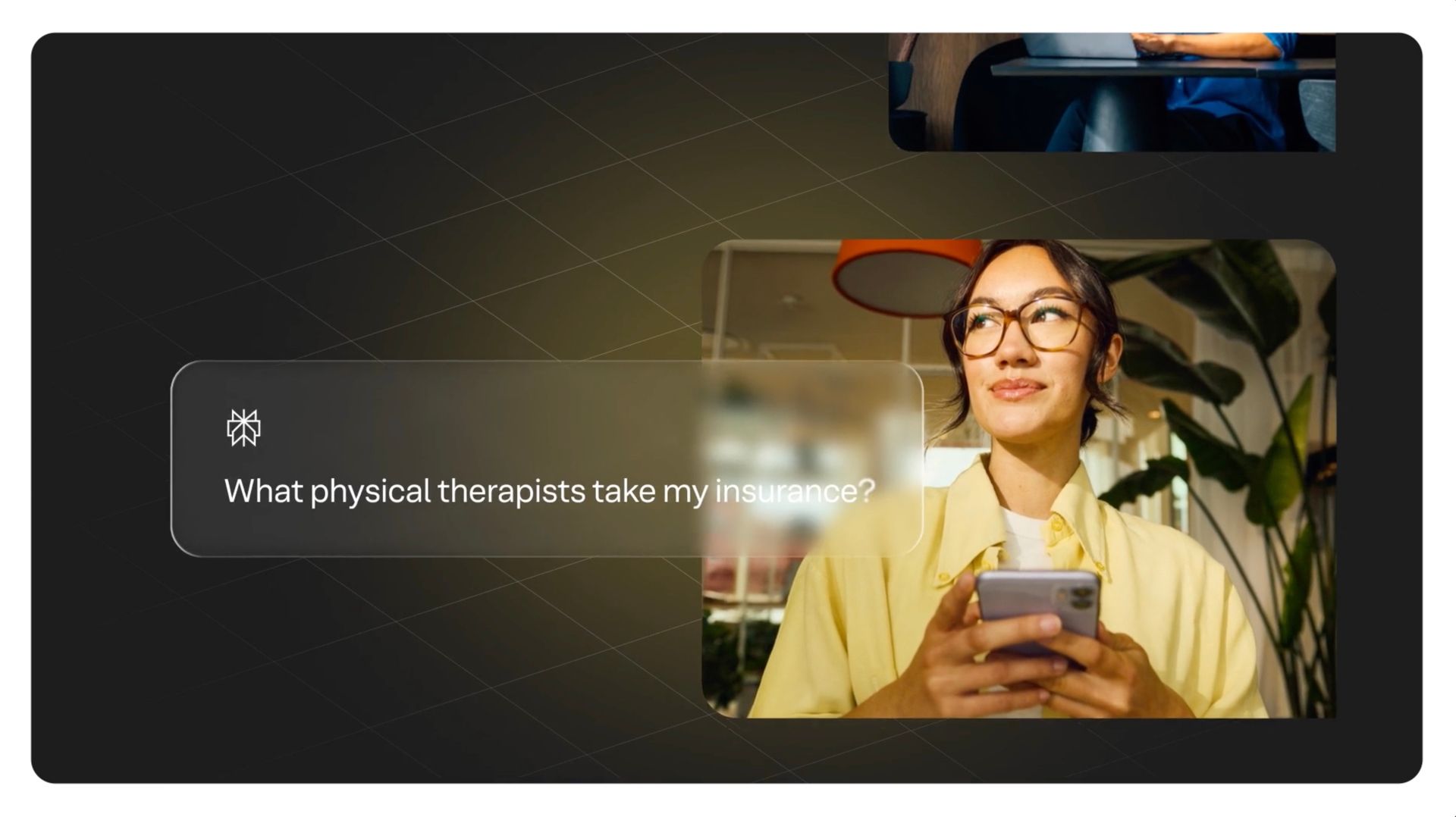 Woman in glasses holding a phone, smiling in a warm indoor setting with a blurred text overlay, from the Yext Be the Answer brand film.