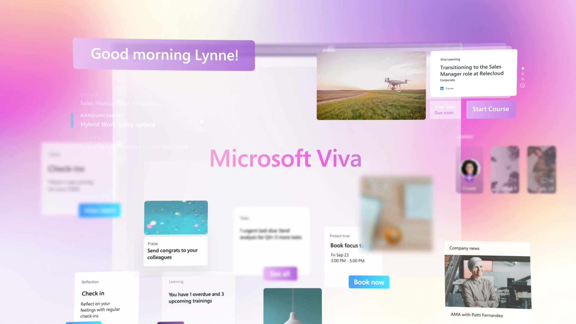 Microsoft Viva interface, gradient background, floating cards, text, and photos.