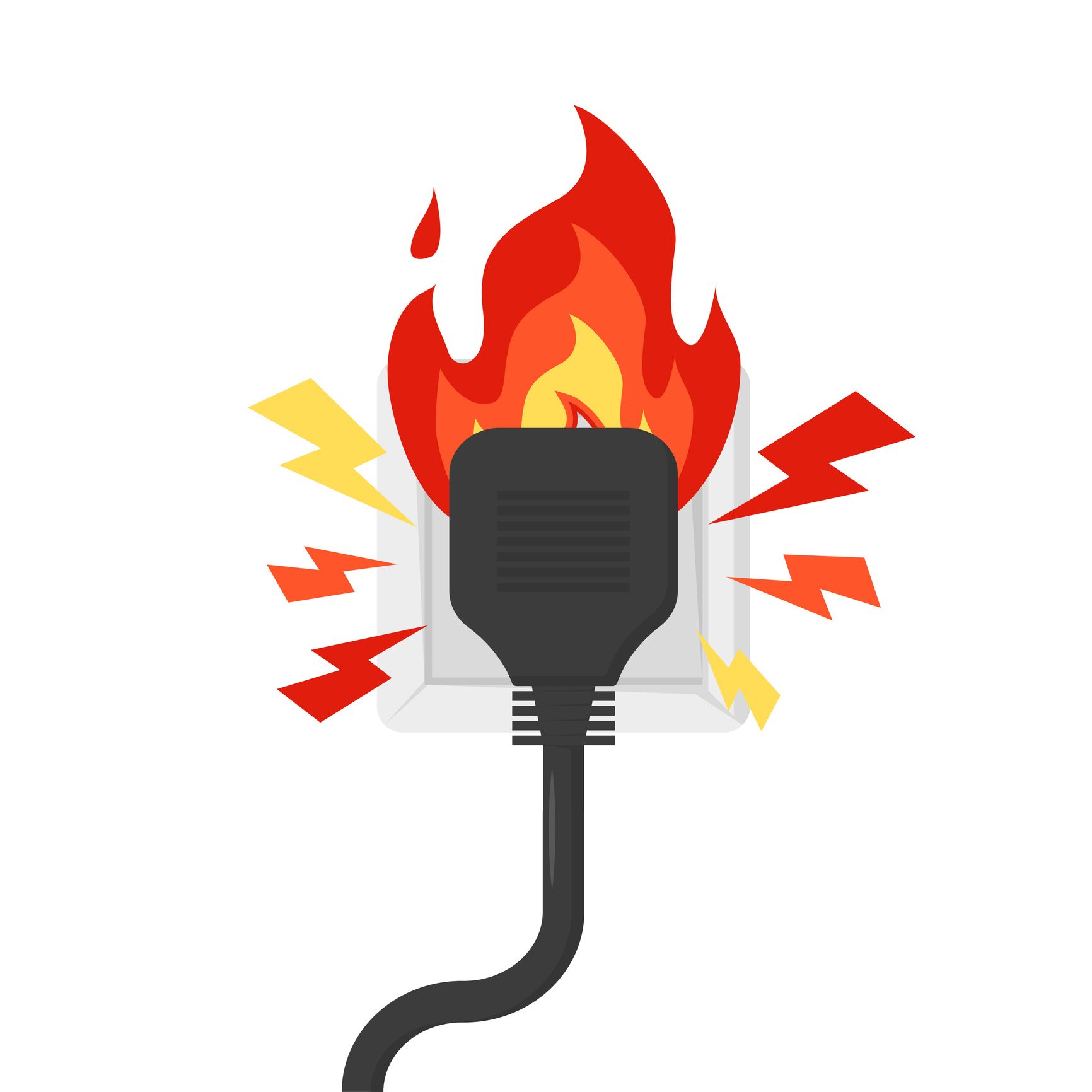 Burning electrical plug and outlet, flames, sparks, white background. Burning electrical plug and outlet, flames, sparks, white background.
