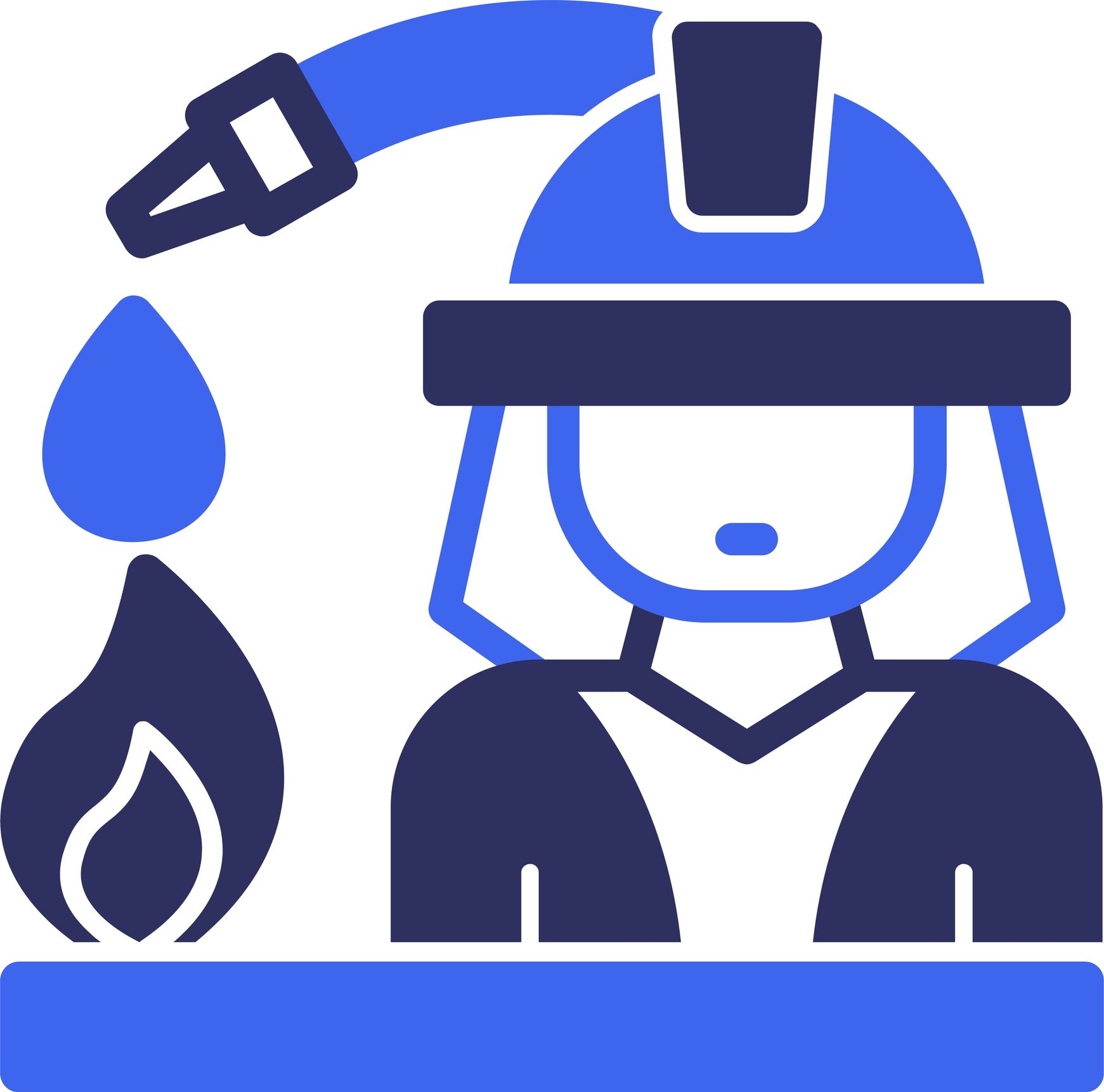 Firefighter aiming hose at flames, blue and dark blue. Firefighter aiming hose at flames, blue and dark blue.