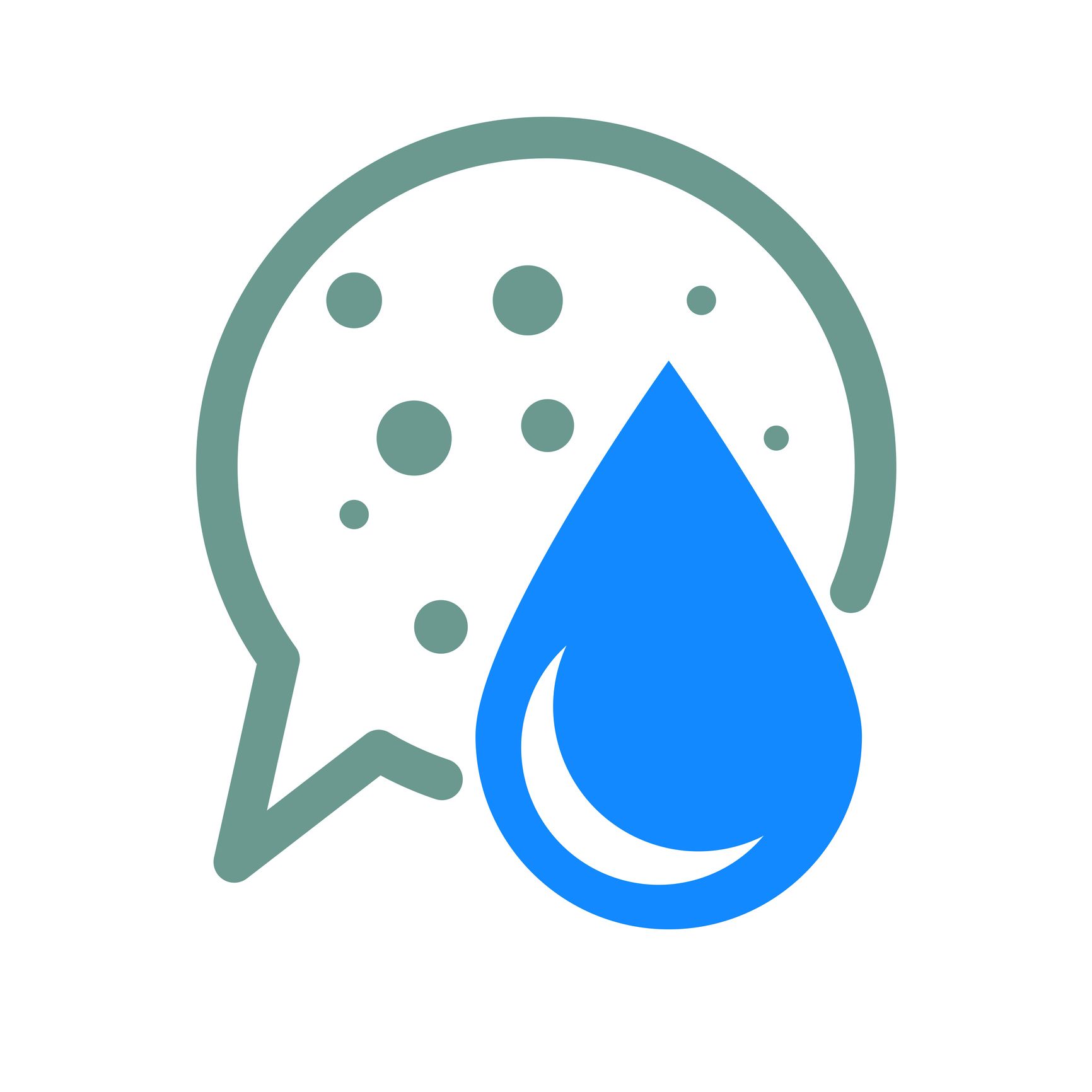 Blue water droplet next to a gray speech bubble containing dots, possibly representing air quality. Blue water droplet next to a gray speech bubble containing dots, possibly representing air quality.