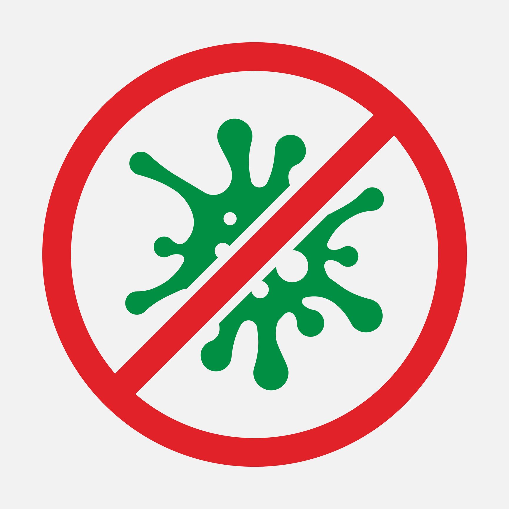Green virus symbol crossed out in a red circle, indicating prevention or prohibition. Green virus symbol crossed out in a red circle, indicating prevention or prohibition.