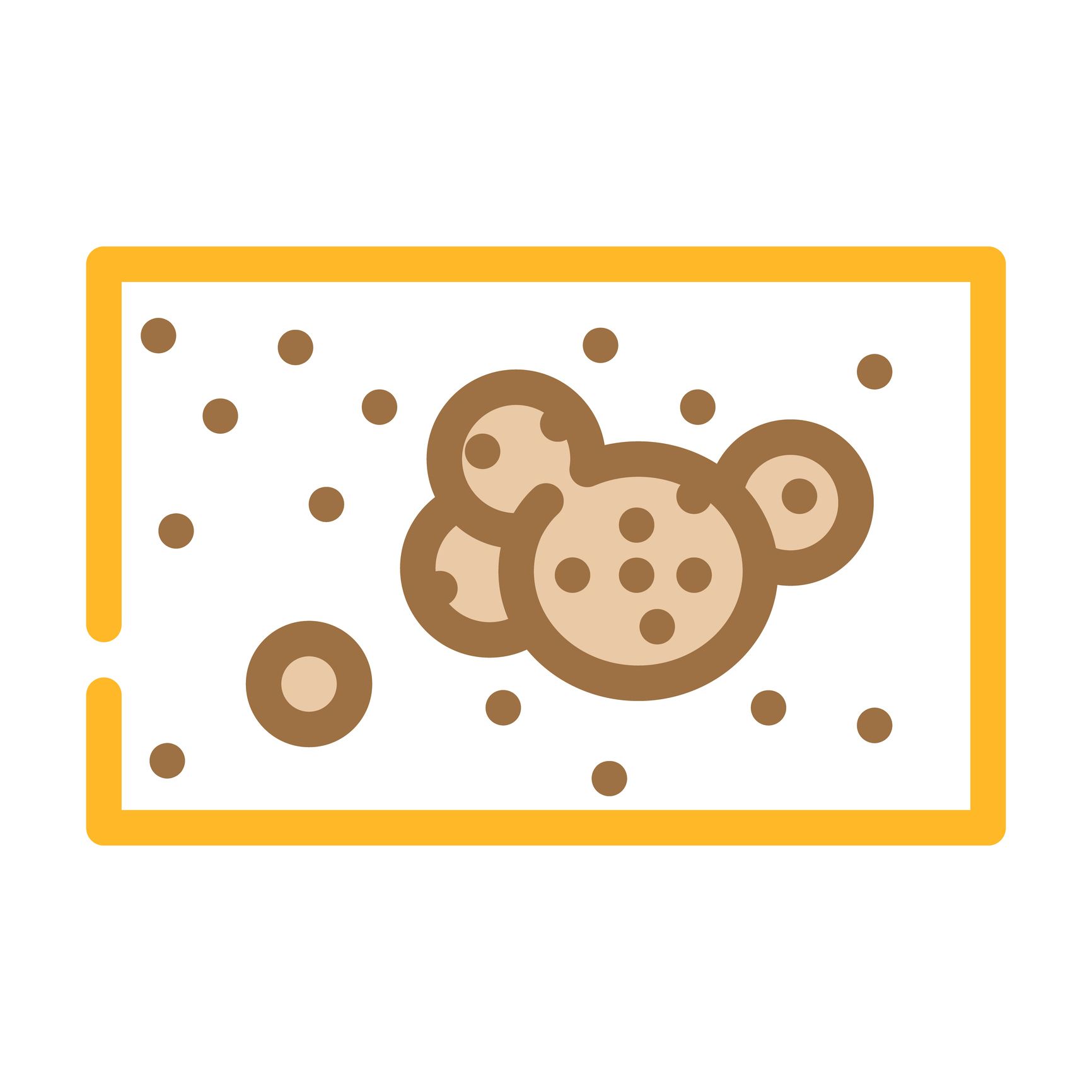 Yellow rectangle, brown cluster of circles and small circles; a possible illustration of bacteria. Yellow rectangle, brown cluster of circles and small circles; a possible illustration of bacteria.