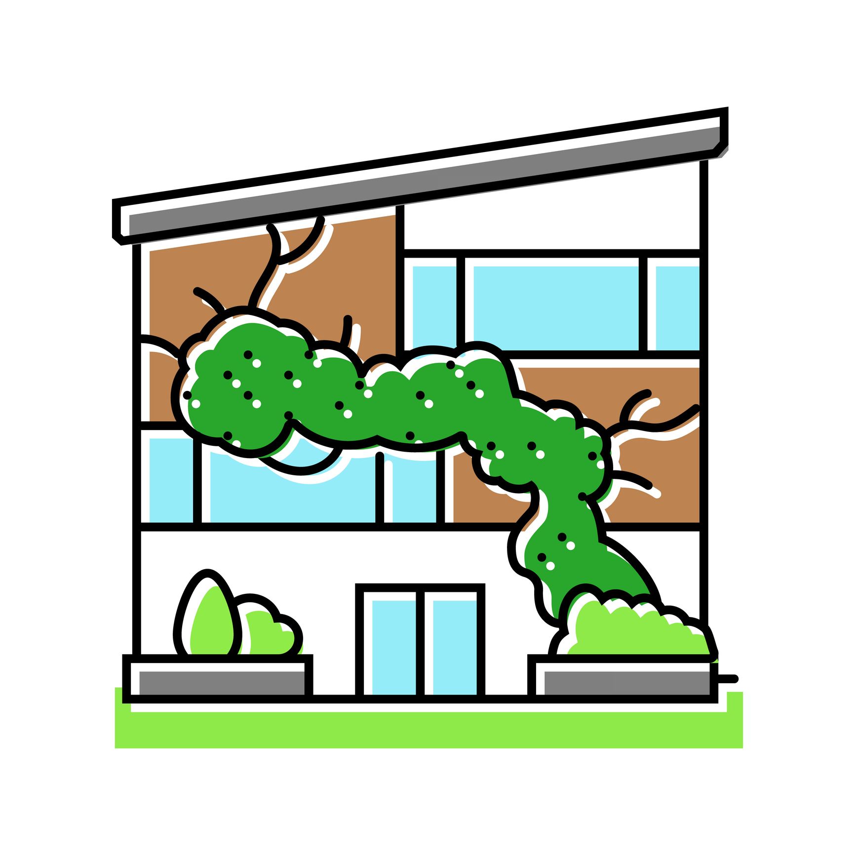 Modern house with climbing green vines on brown walls. Modern house with climbing green vines on brown walls.