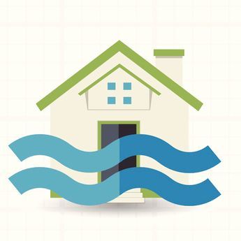 House with green roof and blue waves indicating flood. House with green roof and blue waves indicating flood.