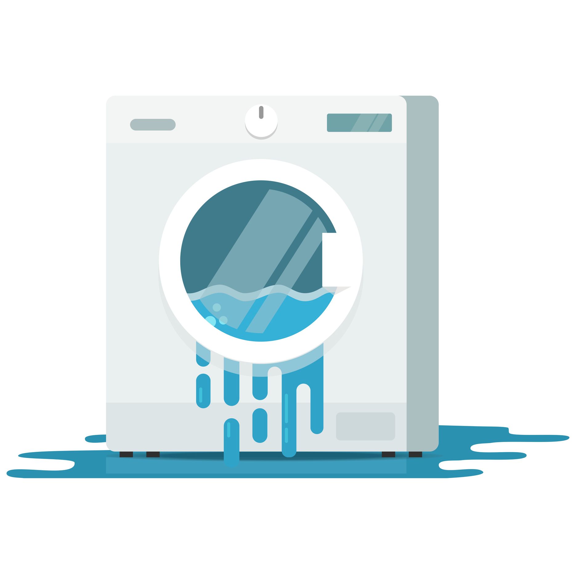 Washing machine overflowing with water onto the floor; blue and white illustration.