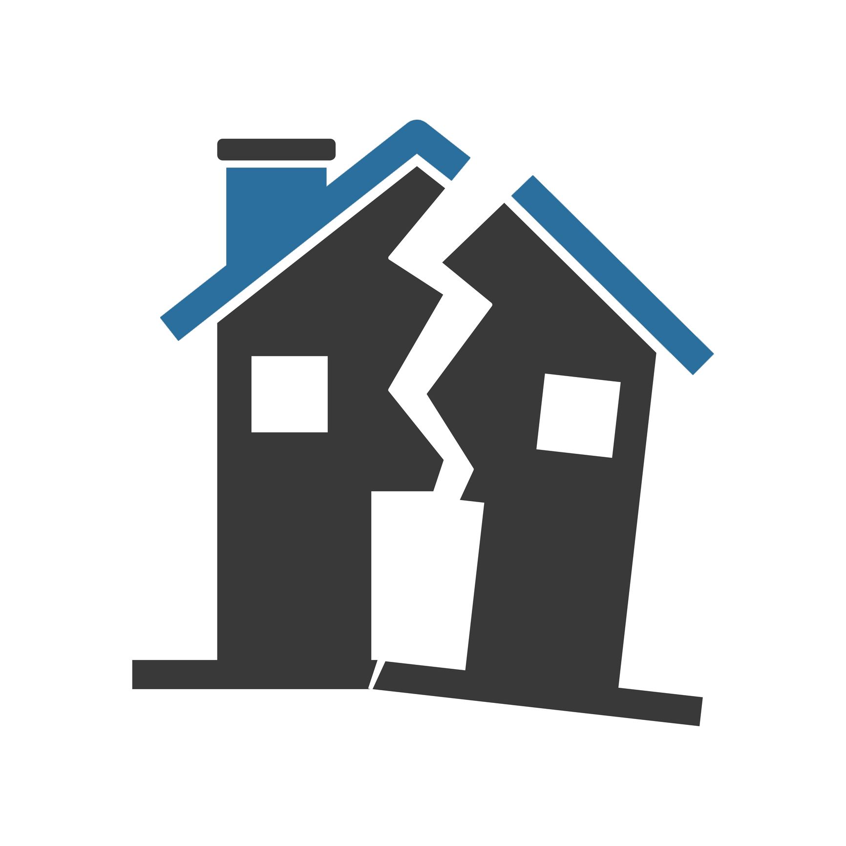Cracked house icon, dark gray with blue roof, representing property division or divorce. Cracked house icon, dark gray with blue roof, representing property division or divorce.
