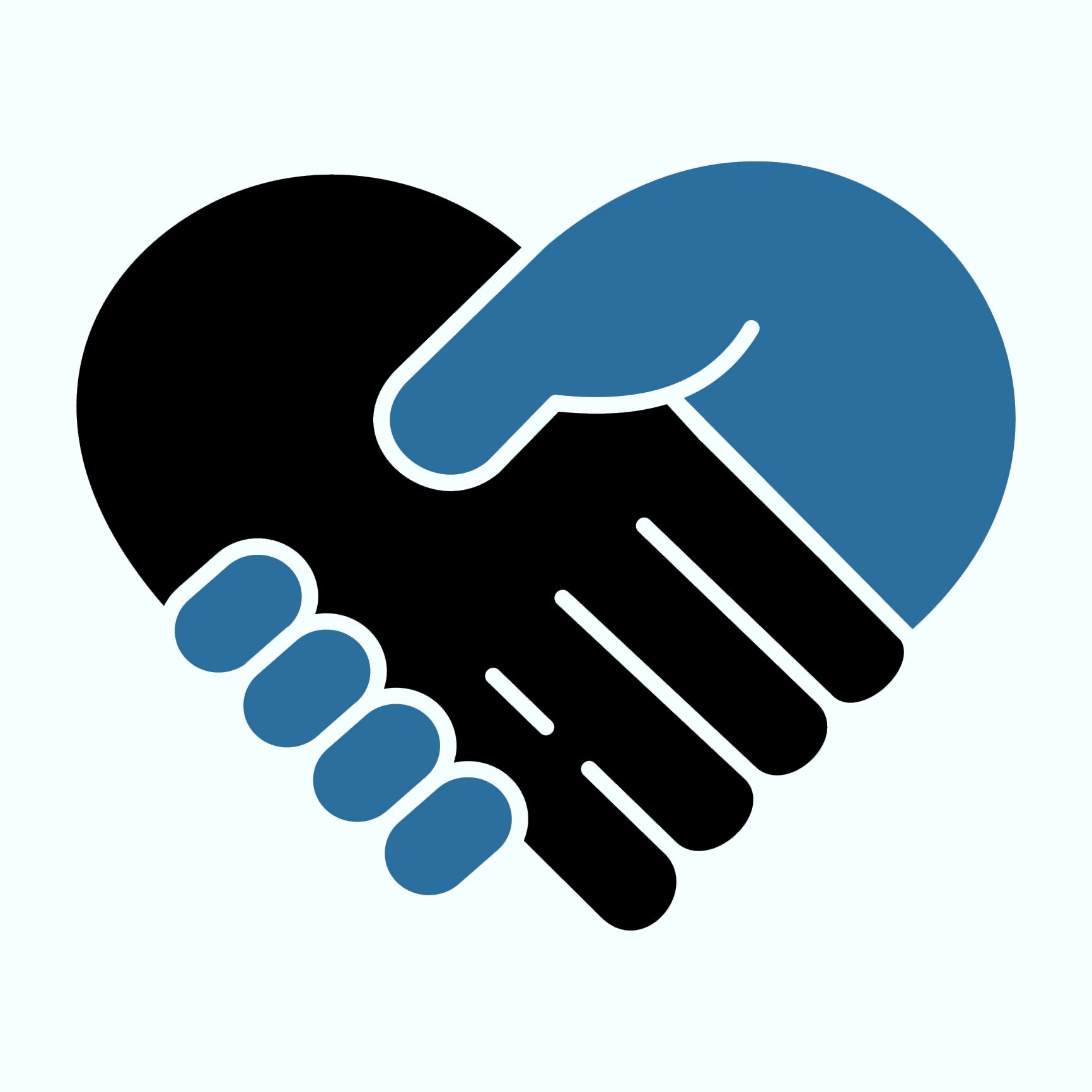 Handshake graphic forming a heart shape; black and blue hands. Handshake graphic forming a heart shape; black and blue hands.
