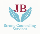JB logo with blue hands cradling maroon letters, and “Strong Counseling Services” in blue text